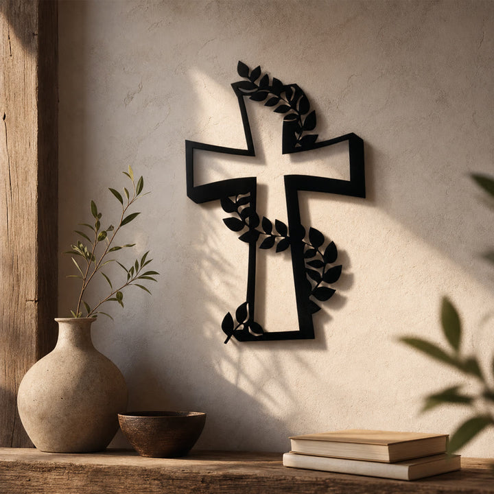 Christianartworkshop Decorazione murale moderna in metallo con croce e tralci di vite: una potente testimonianza di fede crescente. - image 0