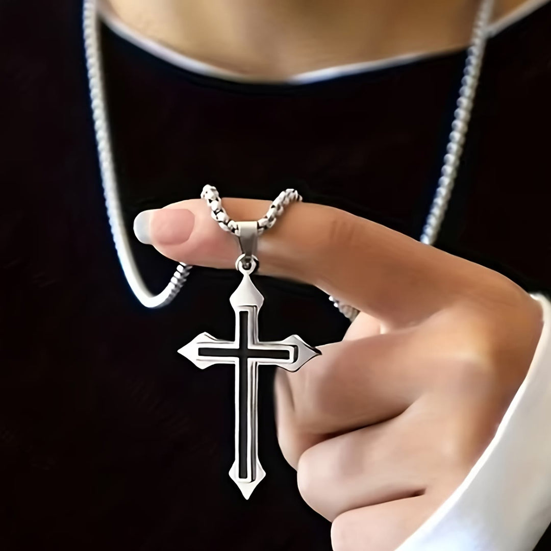 Christianartworkshop Collana con ciondolo a croce in acciaio inossidabile bicolore e catena a maglia fine: simbolo di fede incrollabile. - Attraverso - image 0