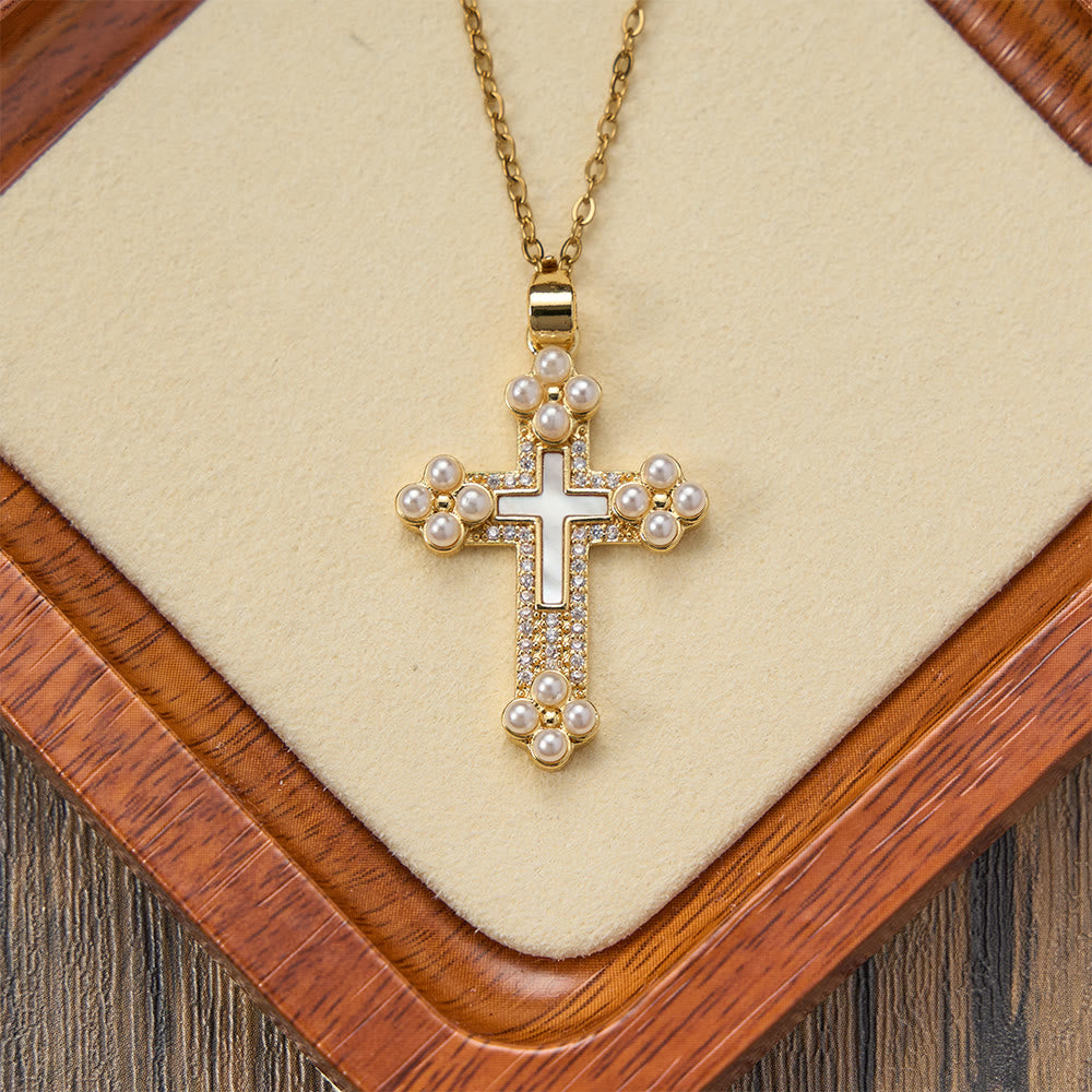 Christianartworkshop Raffinata collana con pendente a croce impreziosita da madreperla, zirconi e perle. - image 2