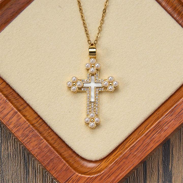 Christianartworkshop Raffinata collana con pendente a croce impreziosita da madreperla, zirconi e perle. - image 2