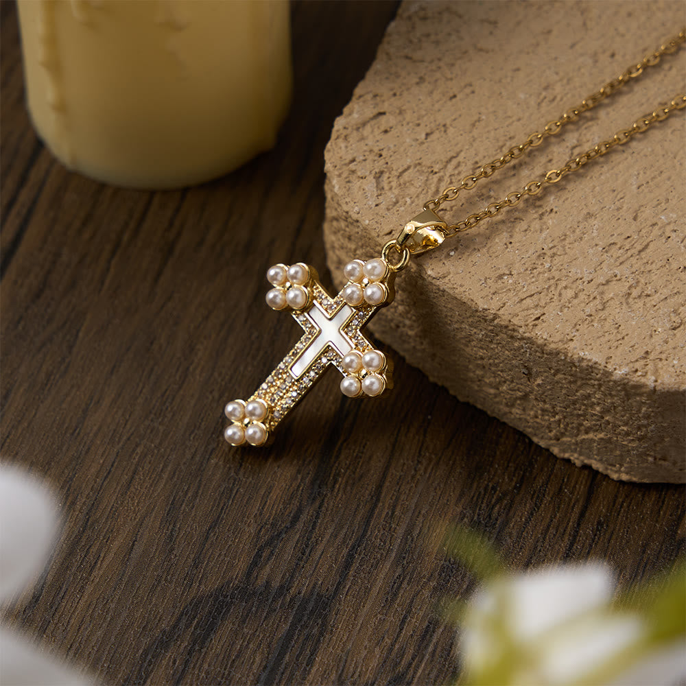 Christianartworkshop Raffinata collana con pendente a croce impreziosita da madreperla, zirconi e perle. - image 3