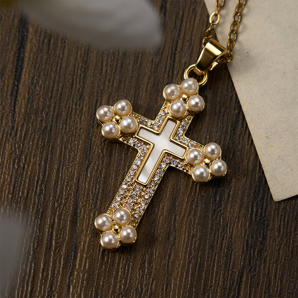Christianartworkshop Raffinata collana con pendente a croce impreziosita da madreperla, zirconi e perle. - image 1