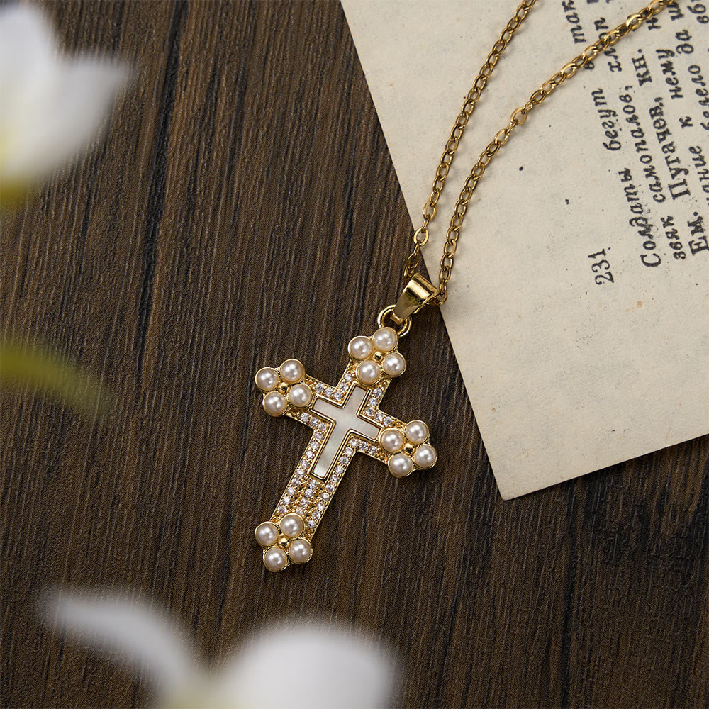 Christianartworkshop Raffinata collana con pendente a croce impreziosita da madreperla, zirconi e perle. - Attraverso - image 0