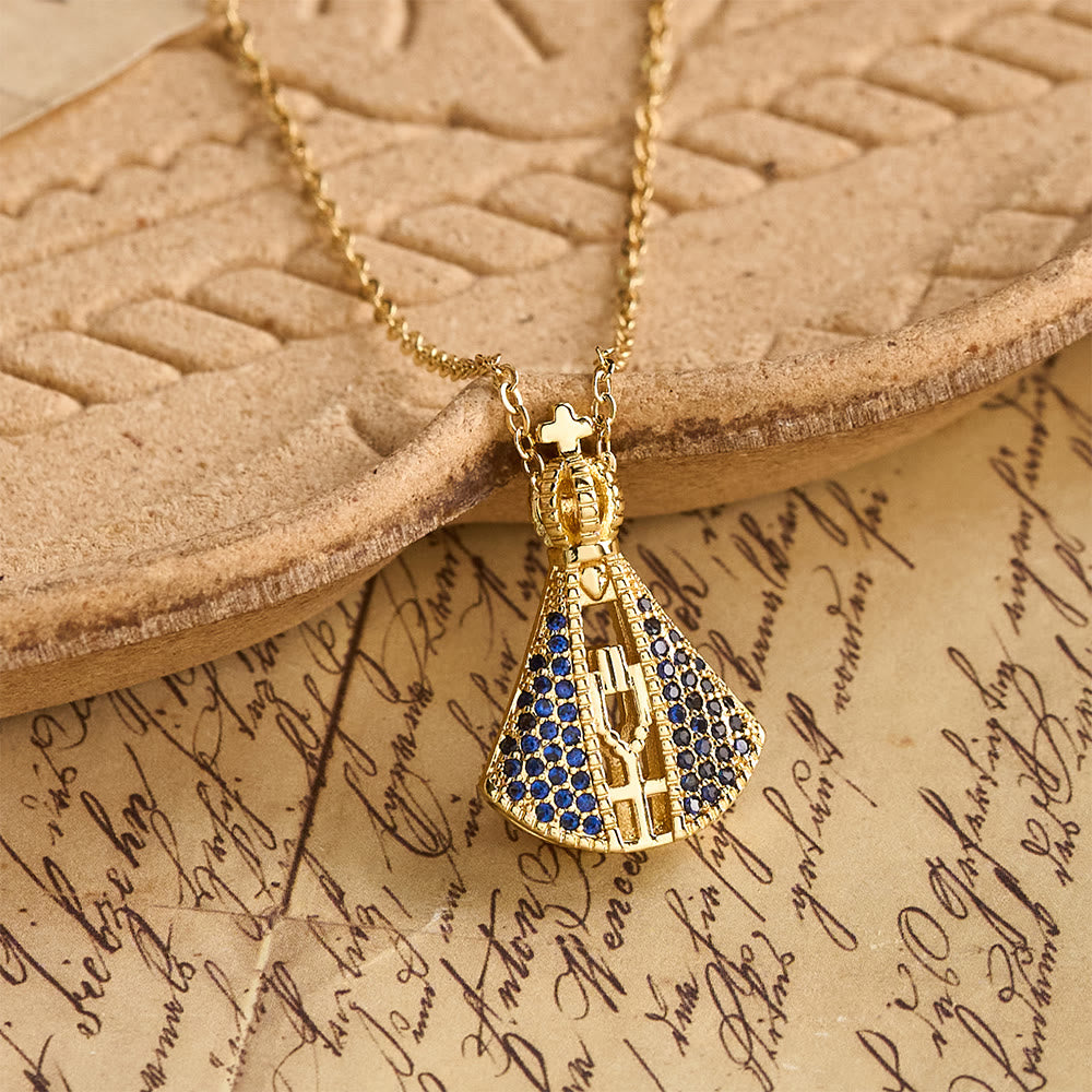 Christianartworkshop Collana con ciondolo a doppia faccia blu e bianco della Madonna di Aparecida con dettagli a corona e croce. - Nostra Signora di Aparecida - image 0