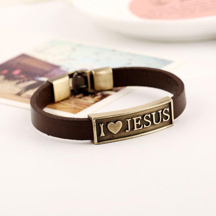 Christianartworkshop Bracciale in pelle con scritta "I Love JESUS" in ottone anticato e motivo a cuore in rilievo: un promemoria dell'amore divino. - Amo Gesù - image 0