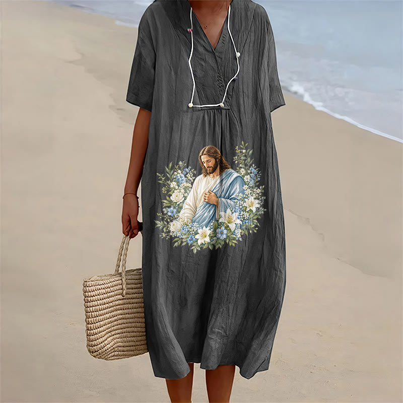 Christianartworkshop Abito midi a maniche corte con scollo a V e stampa floreale ad acquerello "Jesus Floral Whirlwind". - Nero - 4XL - image 8