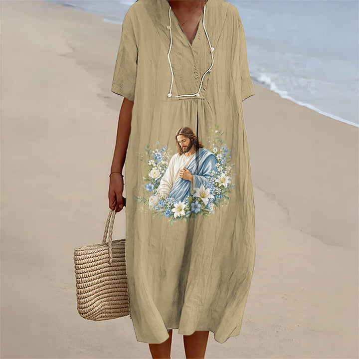 Christianartworkshop Abito midi a maniche corte con scollo a V e stampa floreale ad acquerello "Jesus Floral Whirlwind". - Cachi - 4XL - image 2