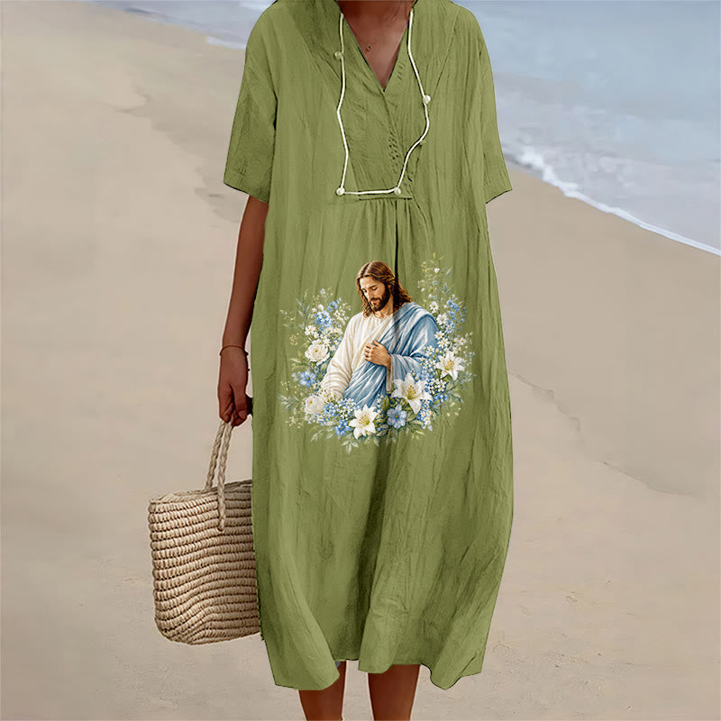 Christianartworkshop Abito midi a maniche corte con scollo a V e stampa floreale ad acquerello "Jesus Floral Whirlwind". - Verde oliva - 4XL - image 10
