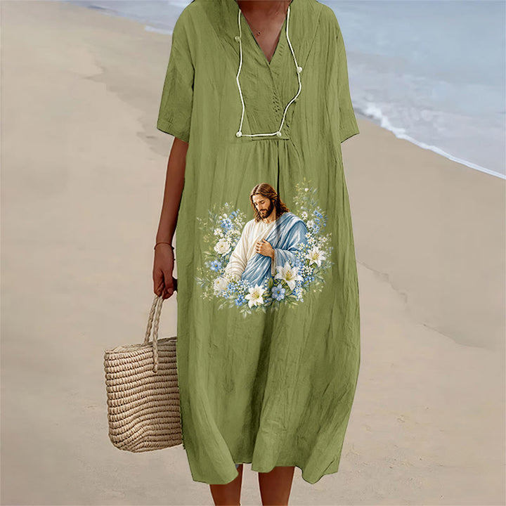 Christianartworkshop Abito midi a maniche corte con scollo a V e stampa floreale ad acquerello "Jesus Floral Whirlwind". - Verde oliva - 4XL - image 10