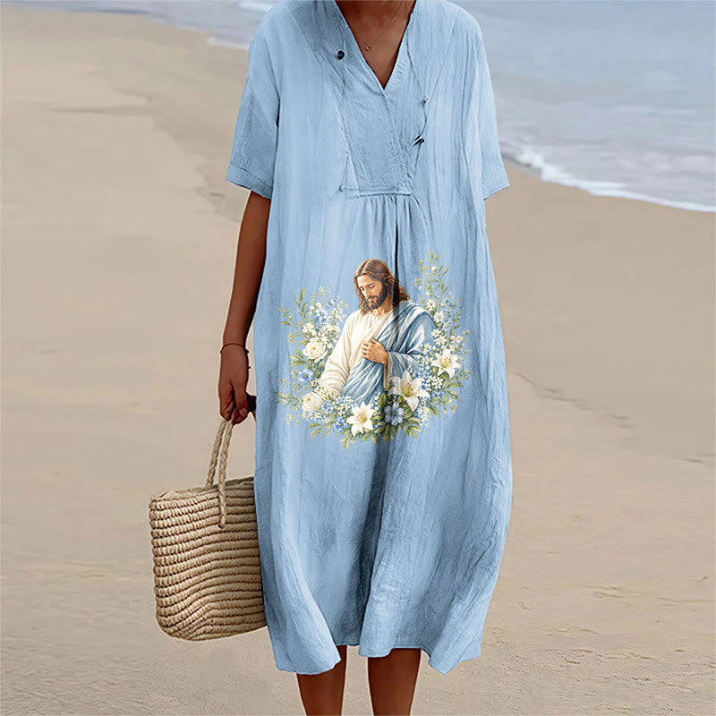 Christianartworkshop Abito midi a maniche corte con scollo a V e stampa floreale ad acquerello "Jesus Floral Whirlwind". - Blu - 4XL - image 0