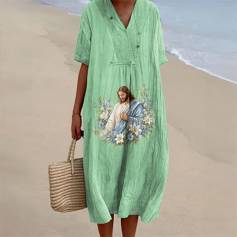 Christianartworkshop Abito midi a maniche corte con scollo a V e stampa floreale ad acquerello "Jesus Floral Whirlwind". - Verde - 4XL - image 4