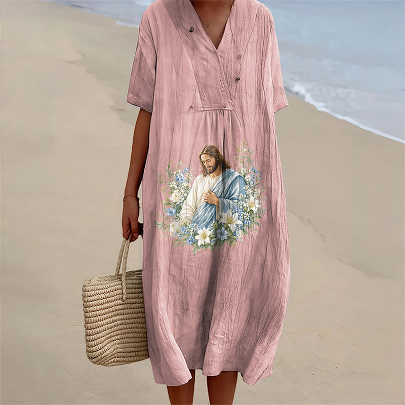 Christianartworkshop Abito midi a maniche corte con scollo a V e stampa floreale ad acquerello "Jesus Floral Whirlwind". - Rosa - 4XL - image 6