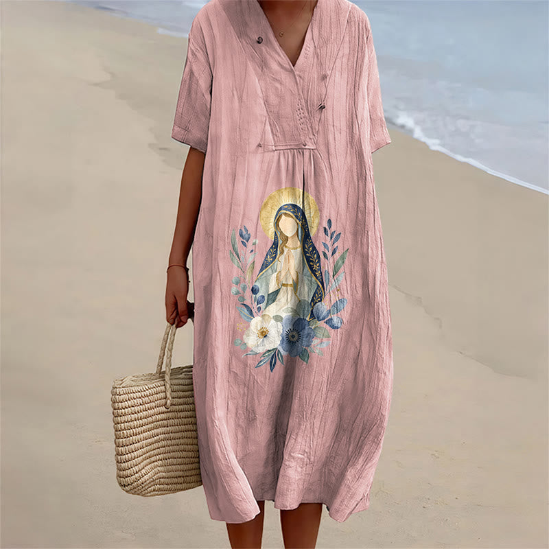 Christianartworkshop Abito midi a maniche corte con scollo a V e dettagli floreali ad acquerello della linea Gentle Our Lady - Rosa - 4XL - image 0