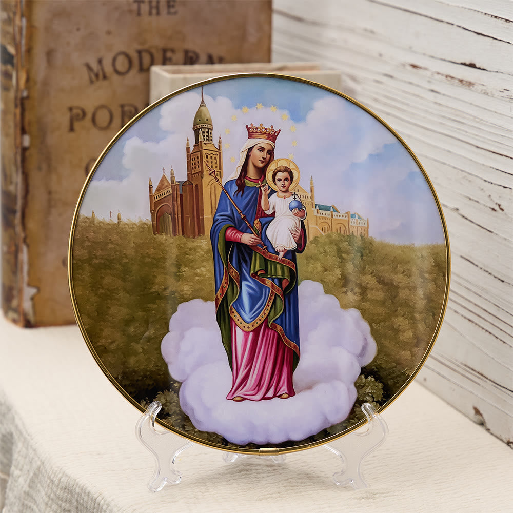 Christianartworkshop Decorazione da scrivania con Madonna del Bambino, sfondo cattedrale e bordo dorato: un simbolo di grazia mariana. - Madonna con Bambino - image 0
