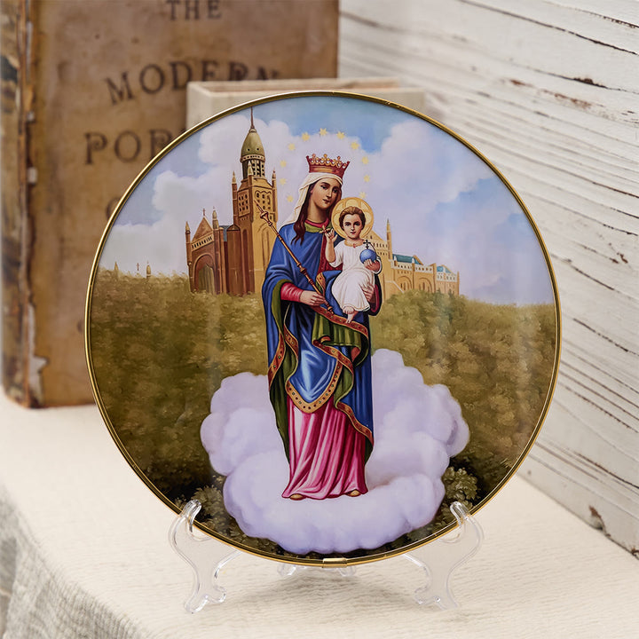 Christianartworkshop Decorazione da scrivania con Madonna del Bambino, sfondo cattedrale e bordo dorato: un simbolo di grazia mariana. - Madonna con Bambino - image 0