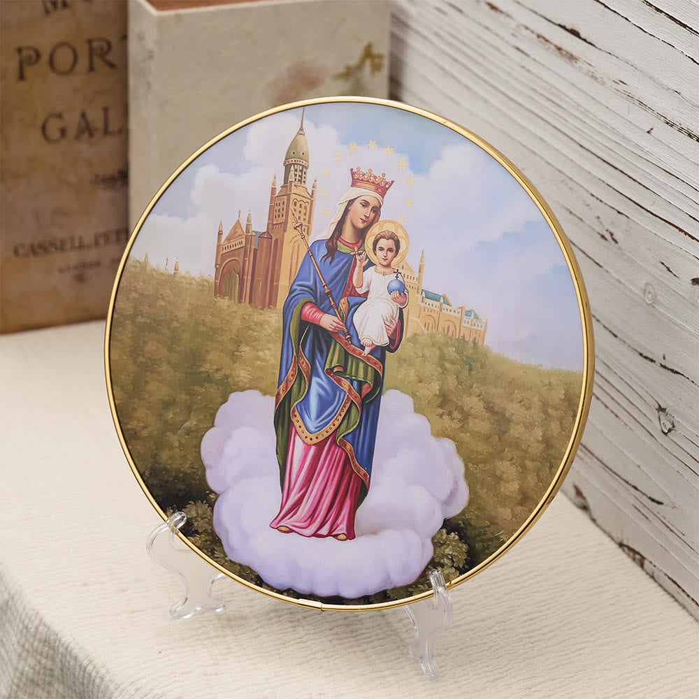 Christianartworkshop Decorazione da scrivania con Madonna del Bambino, sfondo cattedrale e bordo dorato: un simbolo di grazia mariana. - image 2