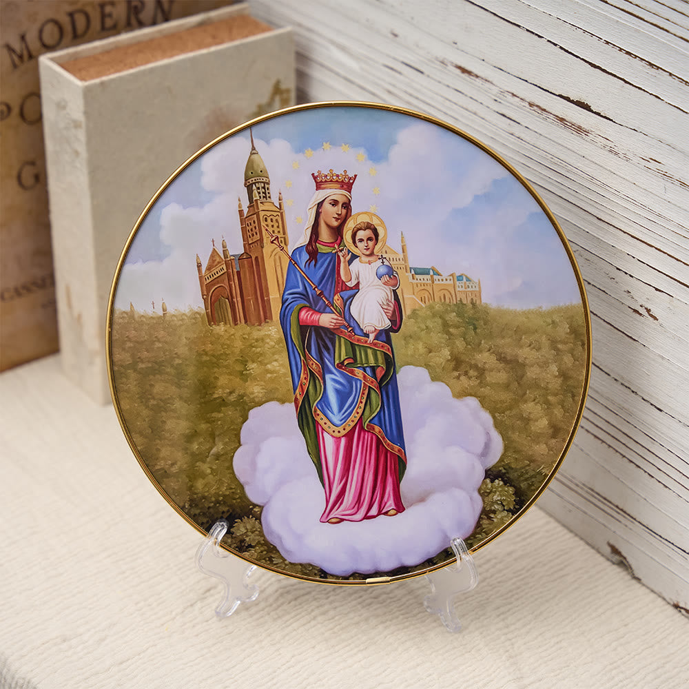 Christianartworkshop Decorazione da scrivania con Madonna del Bambino, sfondo cattedrale e bordo dorato: un simbolo di grazia mariana. - image 6