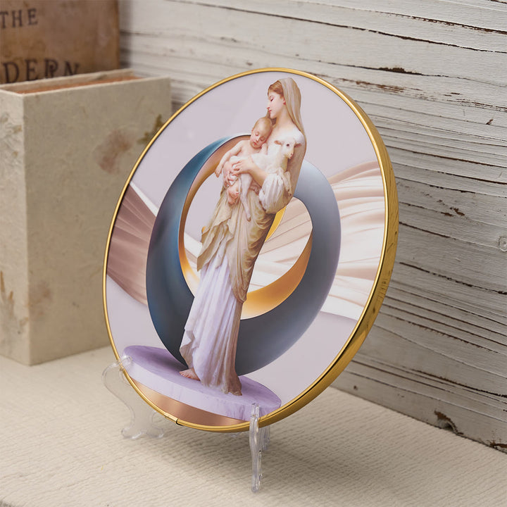 Christianartworkshop Vibrante ornamento da scrivania con Madonna con Bambino e agnello, rifinito in oro e con aureola astratta: un simbolo quotidiano di conforto e purezza. - image 1