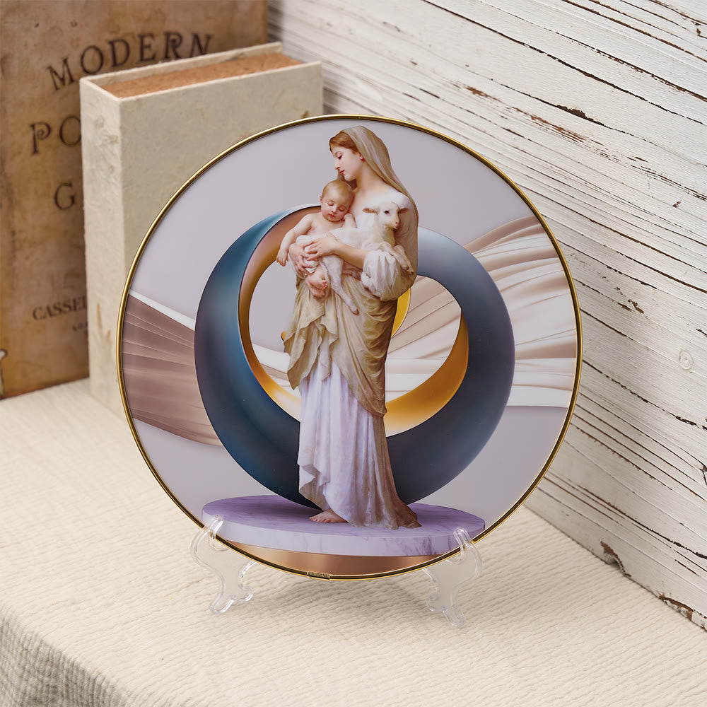 Christianartworkshop Vibrante ornamento da scrivania con Madonna con Bambino e agnello, rifinito in oro e con aureola astratta: un simbolo quotidiano di conforto e purezza. - Madonna con Bambino e Agnello - image 0
