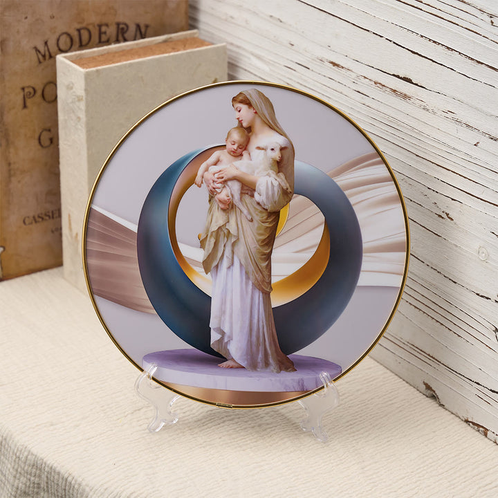 Christianartworkshop Vibrante ornamento da scrivania con Madonna con Bambino e agnello, rifinito in oro e con aureola astratta: un simbolo quotidiano di conforto e purezza. - Madonna con Bambino e Agnello - image 0