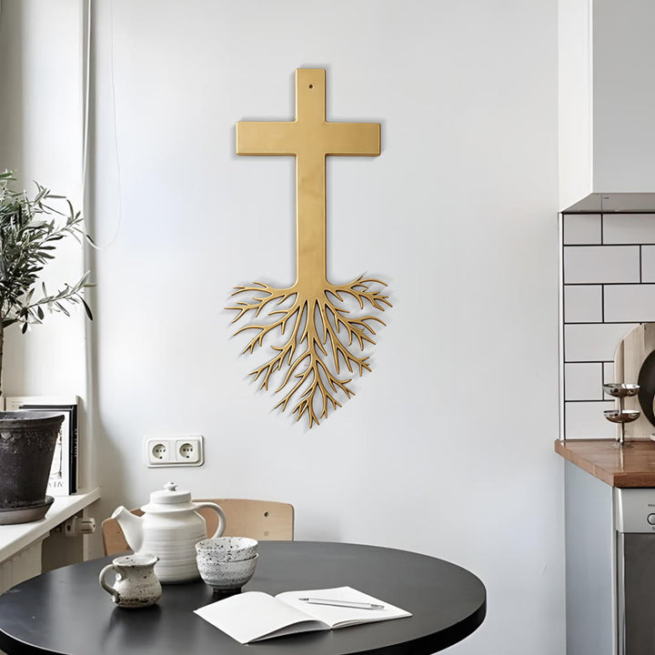 Christianartworkshop Decorazione murale moderna in metallo con croce e radici: una potente testimonianza di fede crescente. - image 2