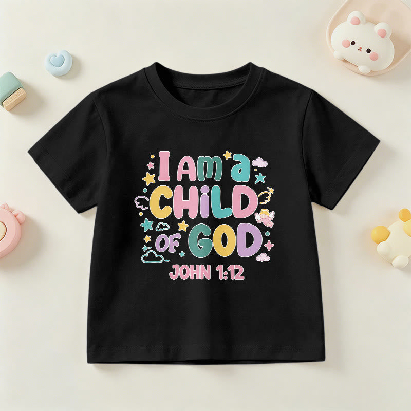 Christianartworkshop Maglietta per bambini con angelo e stella fantasiosi "Sono un figlio di Dio" Giovanni 1:12 - Nero - US/UK/AU 14, EU170 - image 0