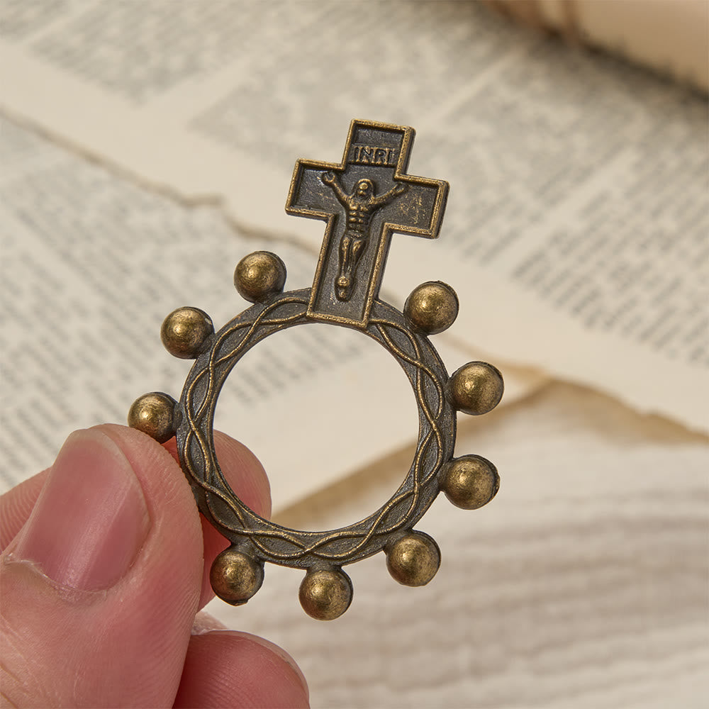 Christianartworkshop Rosario da dito con crocifisso bicolore, Gesù in rilievo e aureola di perline: un promemoria della grazia divina. - Bronzo - Set da 10 pezzi - image 0
