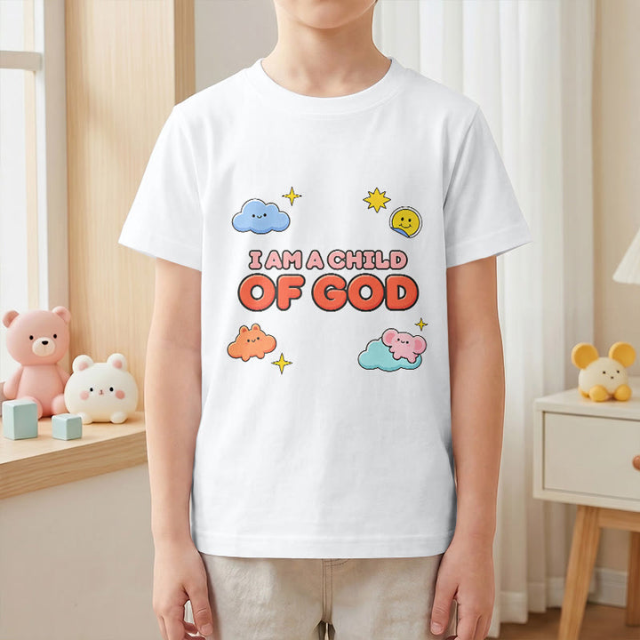 Christianartworkshop Maglietta per bambini con nuvola sorridente e sole stravaganti con la scritta "Sono un figlio di Dio". - image 1