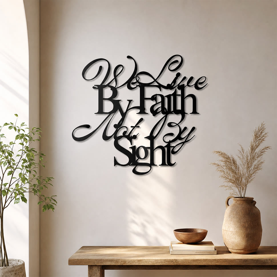 Christianartworkshop Viviamo per fede, non per vista. Decorazione murale in metallo con scritta corsiva: un audace promemoria per fidarsi dell'invisibile. - image 1