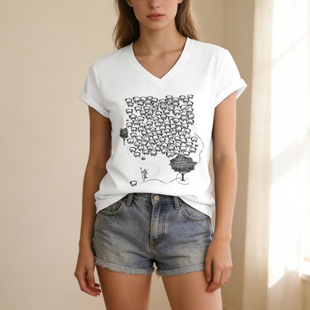 T-shirt con scollo a V e stampa grafica "Gruppo di pecore " Christianartworkshop - image 5
