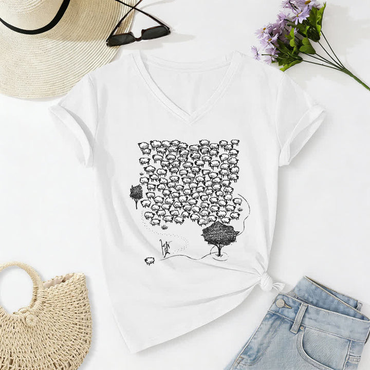 T-shirt con scollo a V e stampa grafica "Gruppo di pecore " Christianartworkshop - Bianco - 2XL - image 4