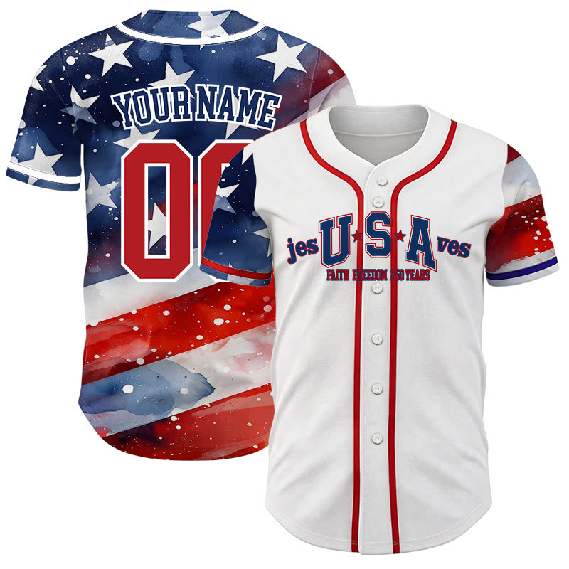 Christianartworkshop Maglia da baseball personalizzata "Gesù salva gli Stati Uniti" con messaggio patriottico, fede e libertà. - 5XL - Nome e numero personalizzati - image 0