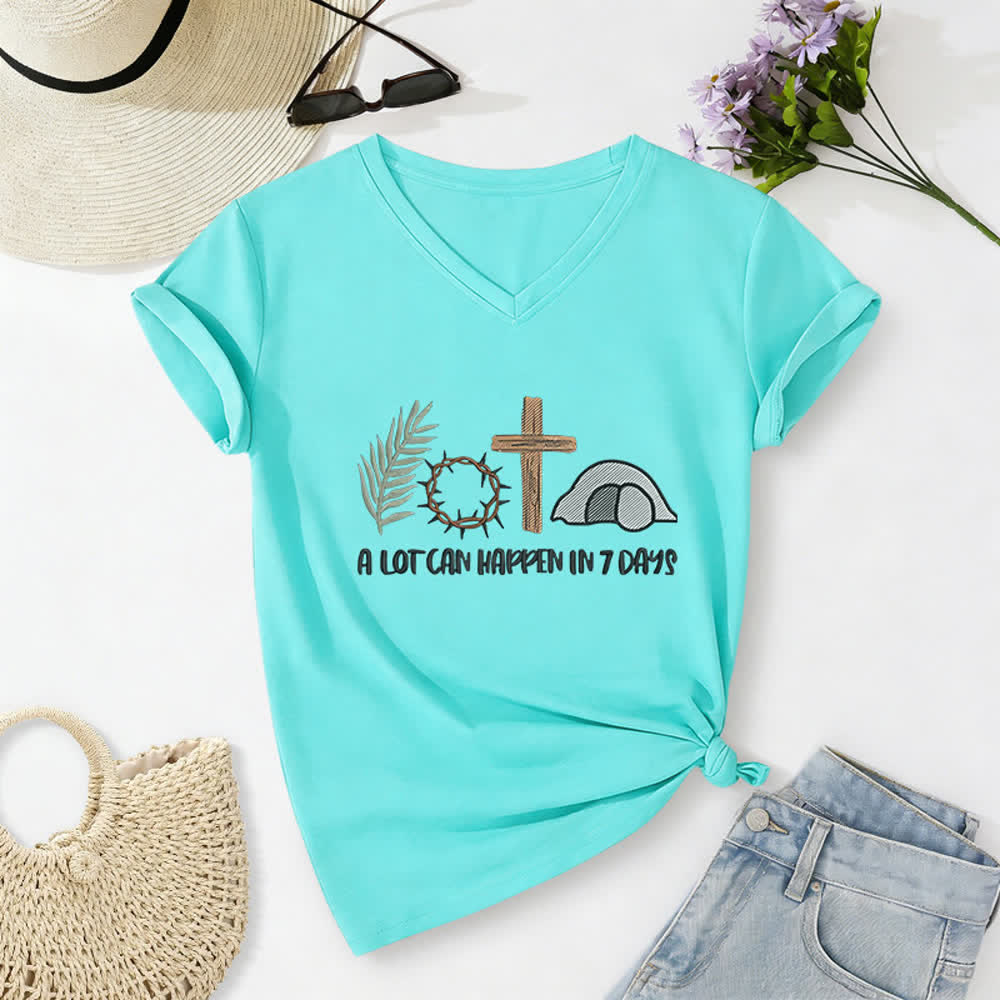 Maglietta con scollo a V " Christianartworkshop Easter Faith A Lot Can Happen In 7 Days Print" (L'amore per la Pasqua, la fede, tante cose possono accadere in 7 giorni) - Blu celeste - 2XL - image 14