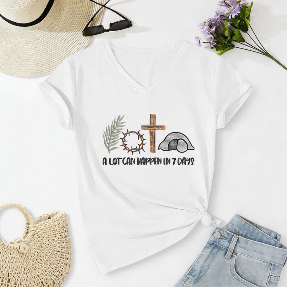 Maglietta con scollo a V " Christianartworkshop Easter Faith A Lot Can Happen In 7 Days Print" (L'amore per la Pasqua, la fede, tante cose possono accadere in 7 giorni) - Bianco - 2XL - image 0