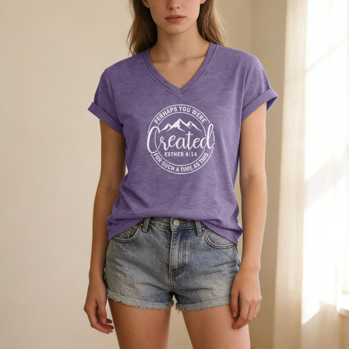 T-shirt da donna con scollo a V e stampa "Forse sei stata creata " Christianartworkshop - image 25