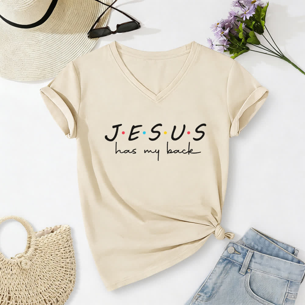 T-shirt da donna con scollo a V e stampa "Jesus Has My Back" Christianartworkshop - Beige - 2XL - image 8