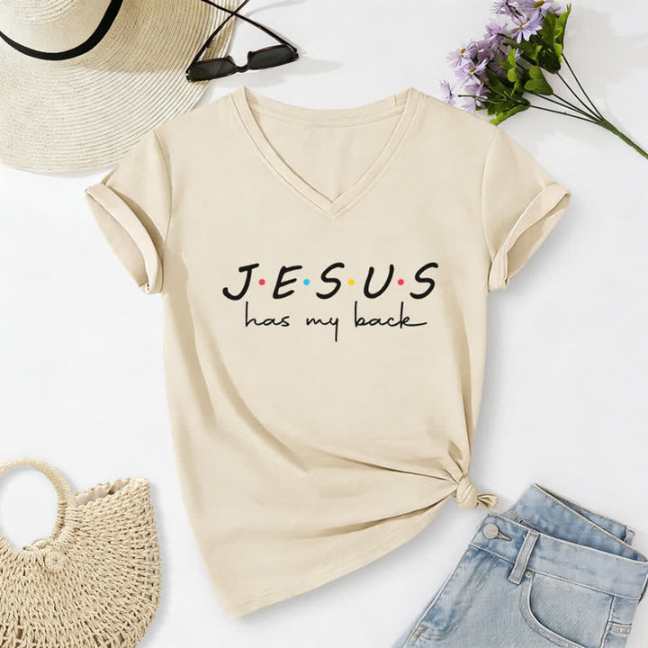 T-shirt da donna con scollo a V e stampa "Jesus Has My Back" Christianartworkshop - Beige - 2XL - image 8