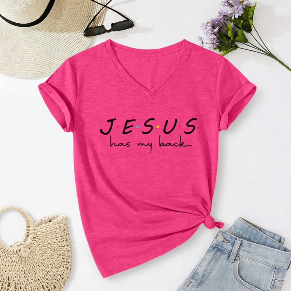 T-shirt da donna con scollo a V e stampa "Jesus Has My Back" Christianartworkshop - Rosa - 2XL - image 0