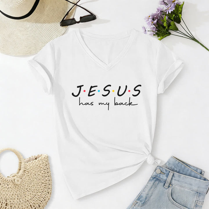 T-shirt da donna con scollo a V e stampa "Jesus Has My Back" Christianartworkshop - Bianco - 2XL - image 4