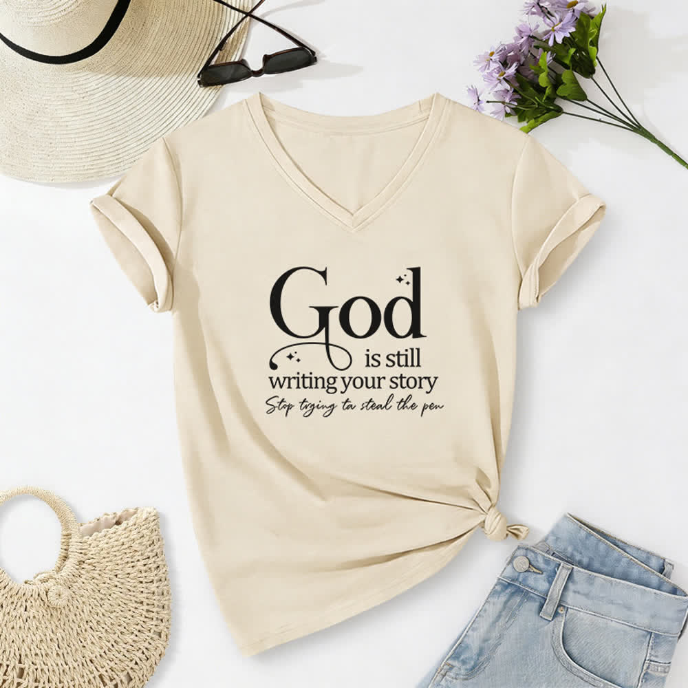 T-shirt da donna con scollo a V "Dio sta ancora scrivendo la tua storia" Christianartworkshop - Beige - 2XL - image 8