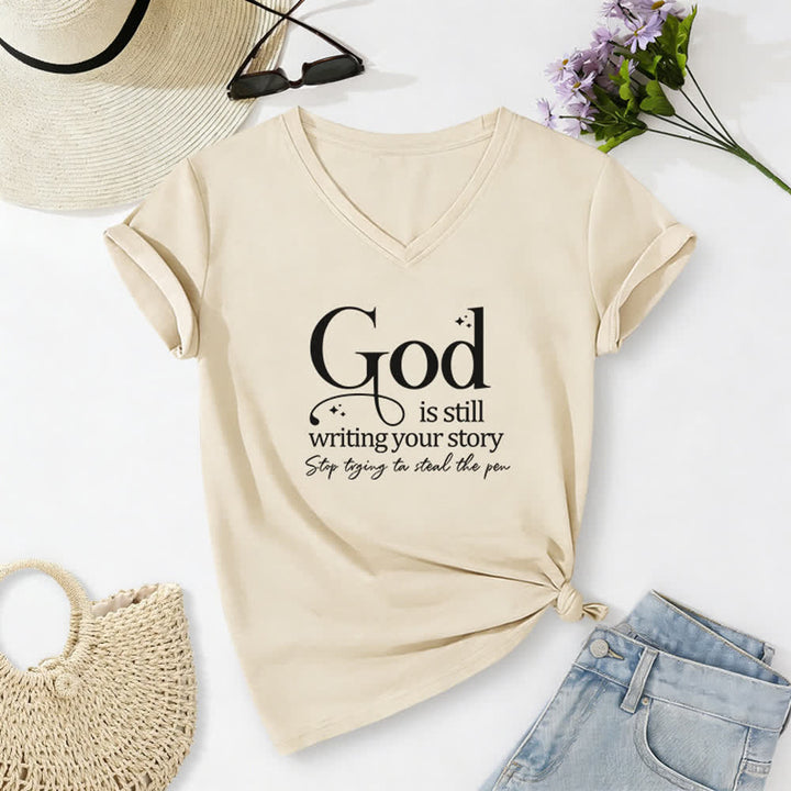 T-shirt da donna con scollo a V "Dio sta ancora scrivendo la tua storia" Christianartworkshop - Beige - 2XL - image 8