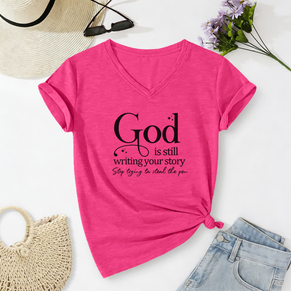 T-shirt da donna con scollo a V "Dio sta ancora scrivendo la tua storia" Christianartworkshop - Rosa - 2XL - image 24