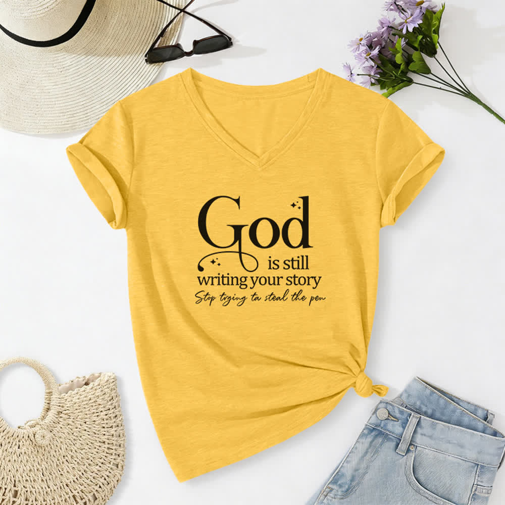 T-shirt da donna con scollo a V "Dio sta ancora scrivendo la tua storia" Christianartworkshop - Giallo - 2XL - image 10