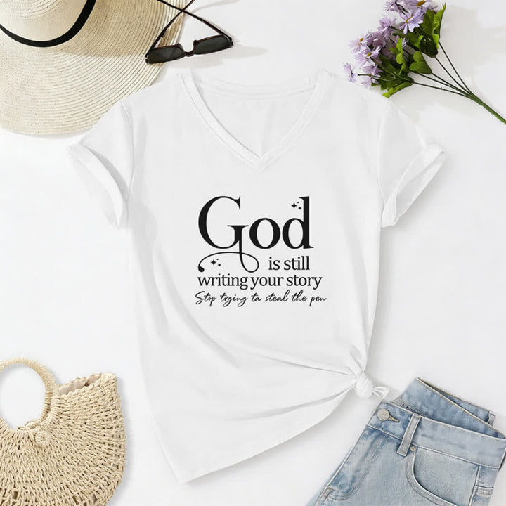 T-shirt da donna con scollo a V "Dio sta ancora scrivendo la tua storia" Christianartworkshop - Bianco - 2XL - image 4