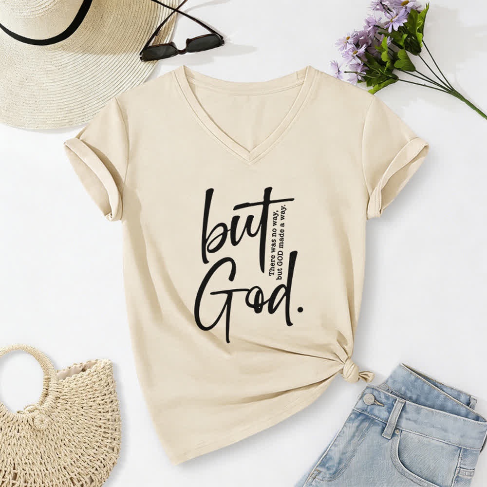 Maglietta da donna con scollo a V "Faith Christian But God" Christianartworkshop con stampa di un versetto biblico. - Beige - 2XL - image 6
