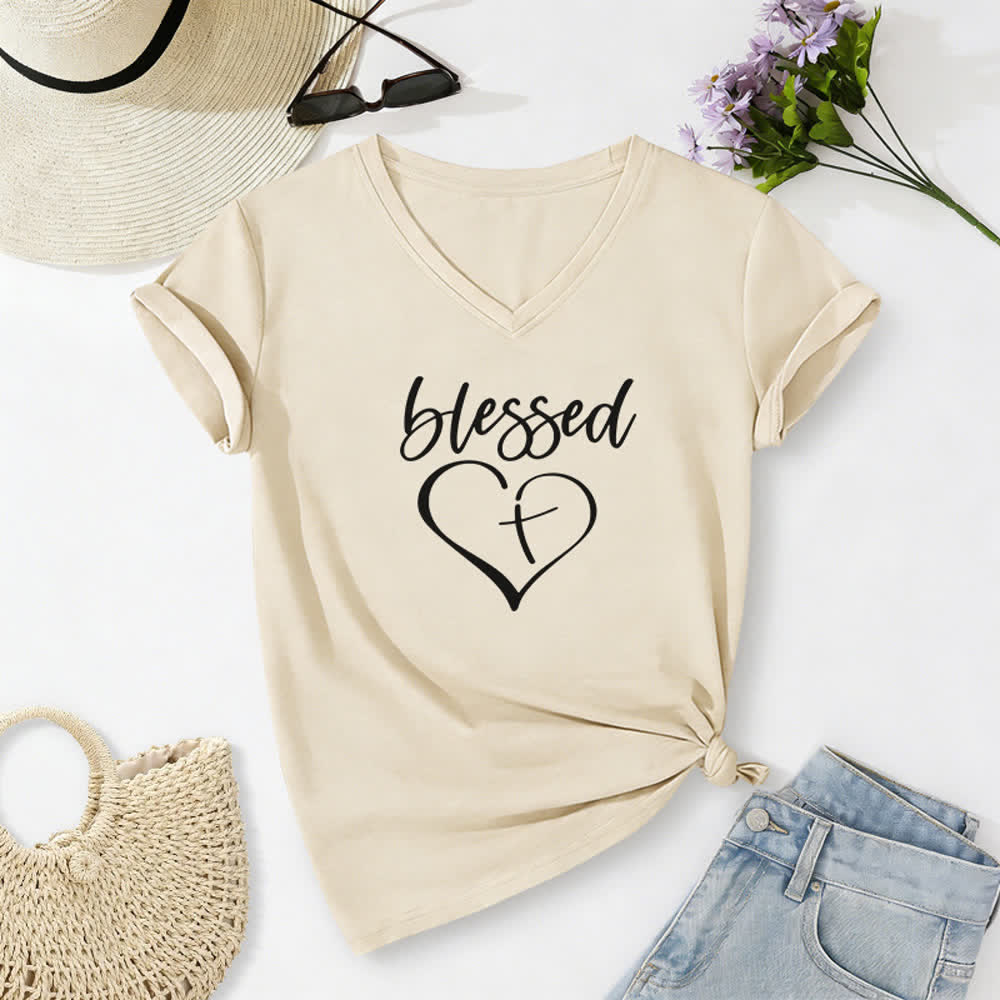 T-shirt da donna con scollo a V e stampa "Blessed Love Cross Jesus Has My Back" Christianartworkshop. - Beige - 2XL - image 0