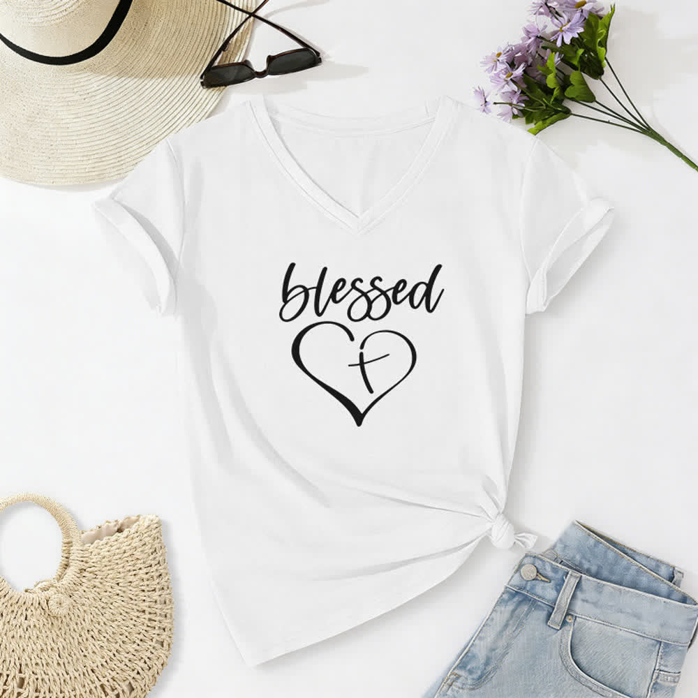 T-shirt da donna con scollo a V e stampa "Blessed Love Cross Jesus Has My Back" Christianartworkshop. - Bianco - 2XL - image 4