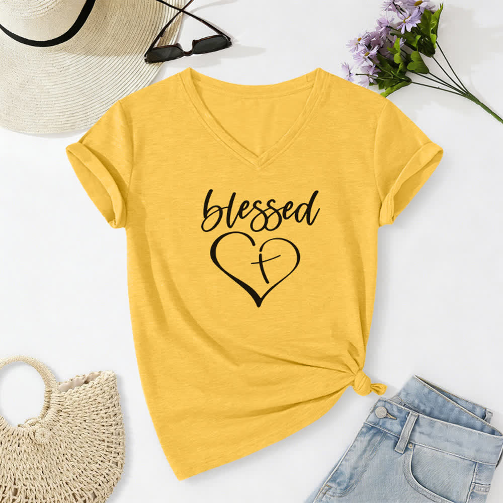 T-shirt da donna con scollo a V e stampa "Blessed Love Cross Jesus Has My Back" Christianartworkshop. - Giallo - 2XL - image 8