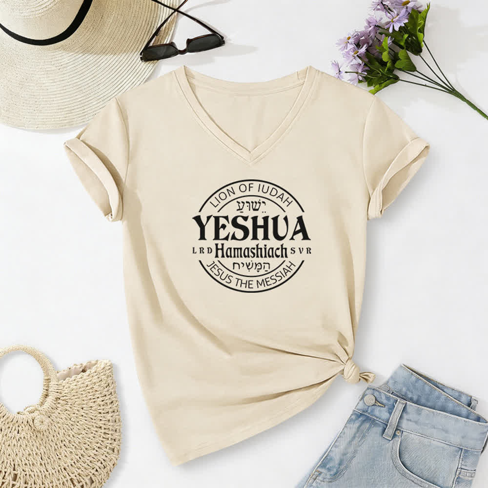 T-shirt casual da donna con scollo a V e stampa del Leone di Giuda Yeshua Christianartworkshop - Beige - 2XL - image 8
