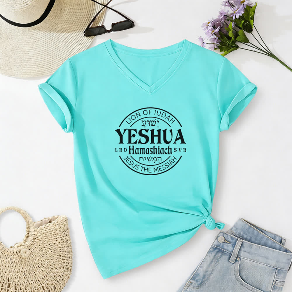 T-shirt casual da donna con scollo a V e stampa del Leone di Giuda Yeshua Christianartworkshop - Blu celeste - 2XL - image 14